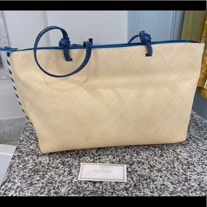NANCY GONZALEZ Natural Raffia Blue Crocodile Tote